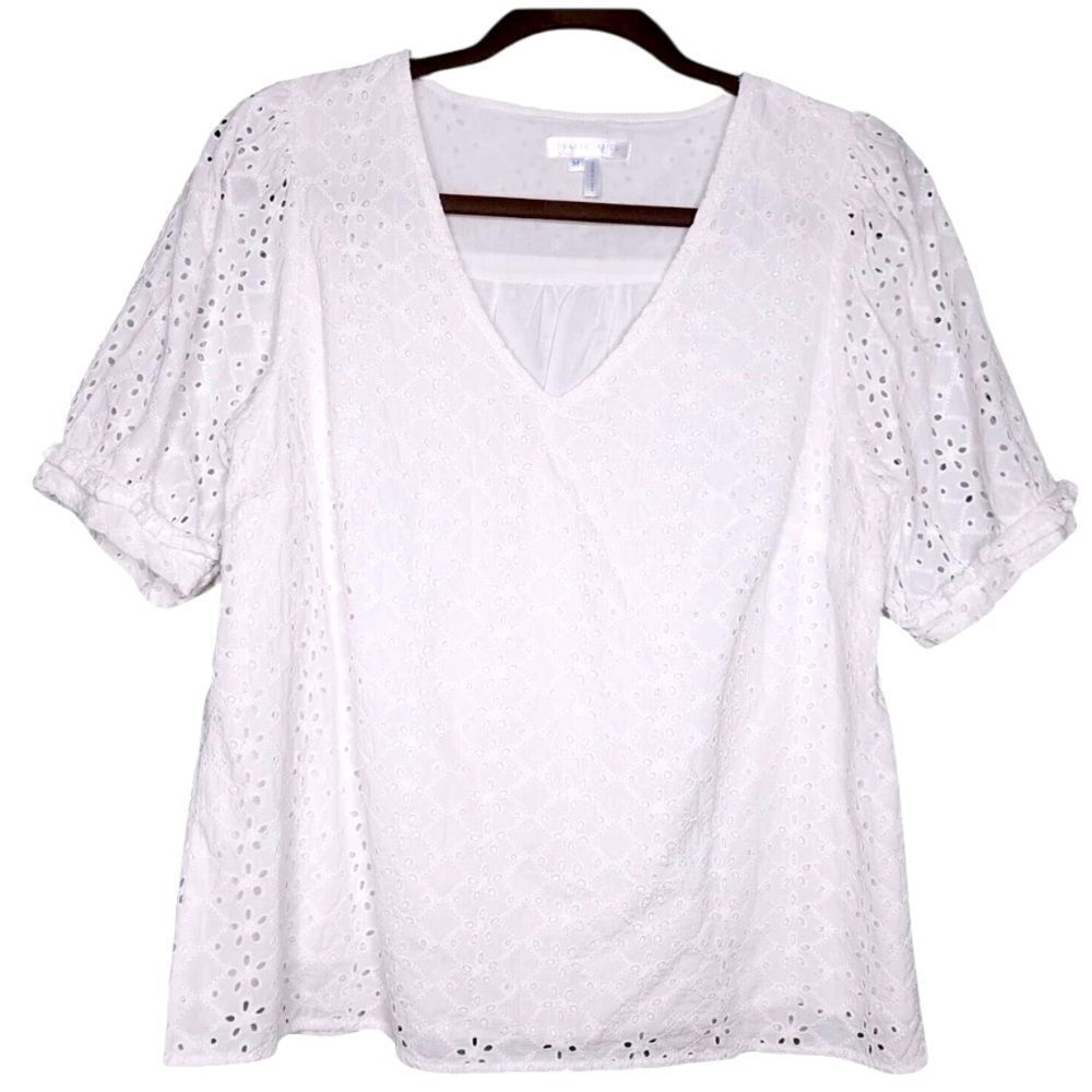 Draper James Eyelet Top Medium White Short Puff Sleeve V-Neck large